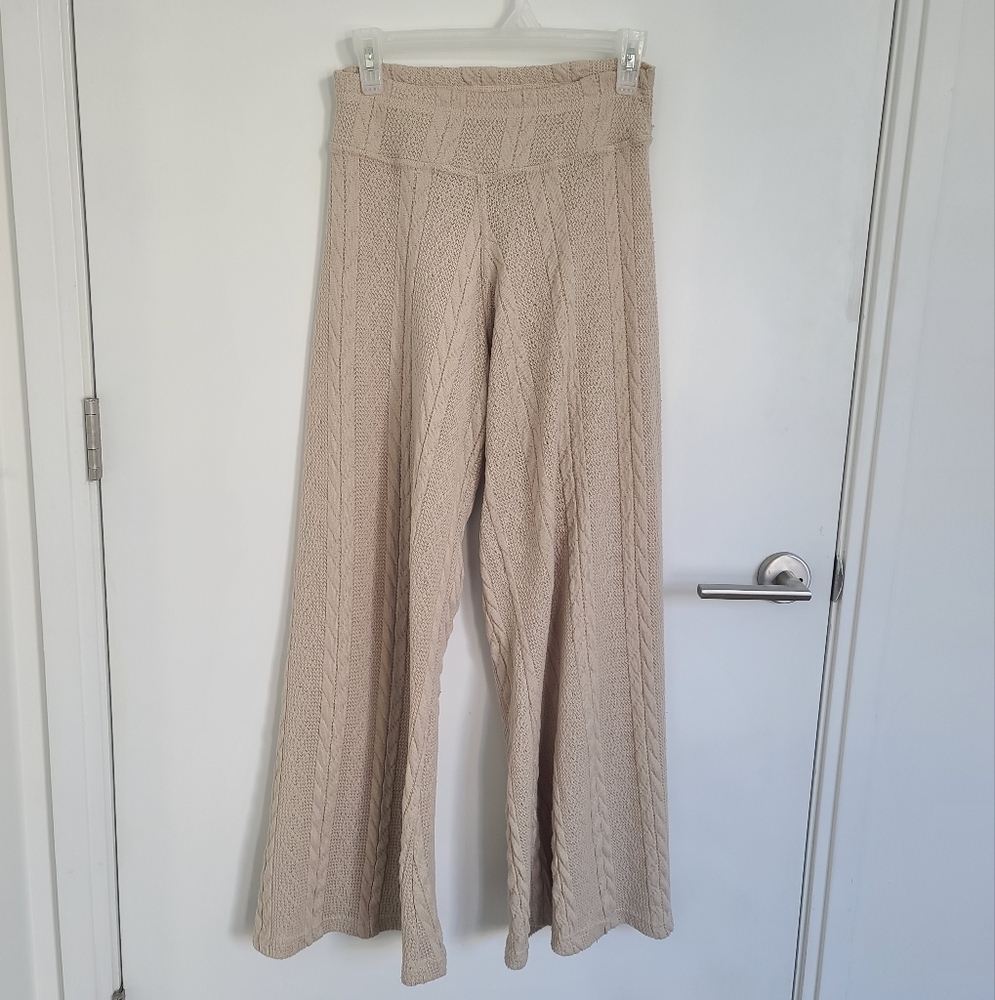 Beige Cable Knit Wide-Leg Pants